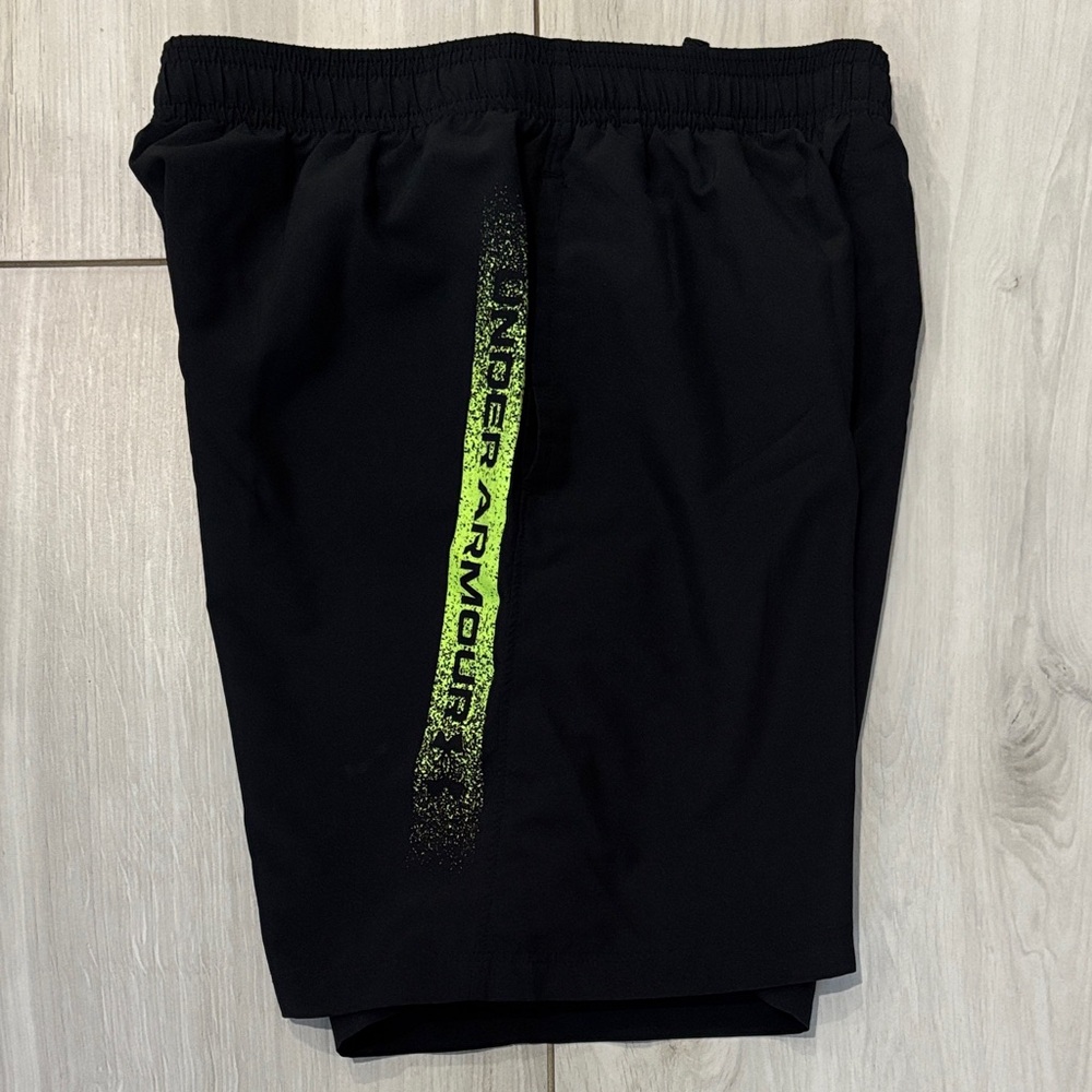 Under Armour Boy’s Black and Neon Green Athletic Shorts
